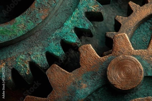 Fototapeta Close-up view of rusty gears with intricate textures and patina, showcasing mechanical engineering details and the beauty of aged machinery in an industrial setting