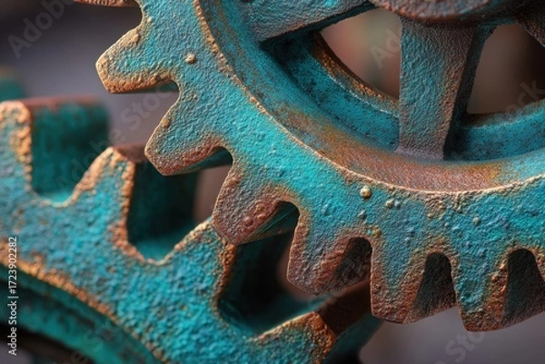 Fototapeta Close-up of weathered gears showcasing intricate textures and vibrant patina, highlighting mechanical craftsmanship and industrial design elements in a vintage aesthetic