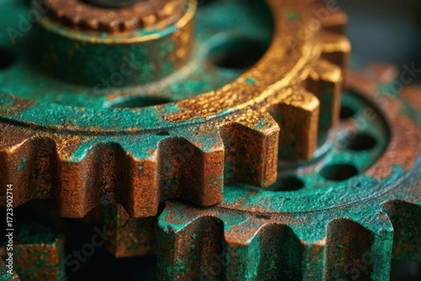 Fototapeta Close-up of rusted gears with intricate textures and vibrant green patina, showcasing the beauty of mechanical engineering and vintage machinery in a detailed composition