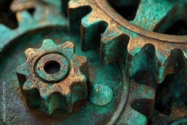 Fototapeta Close-up view of rusted gears with intricate details, showcasing the textures and colors of aged metal, highlighting the beauty of mechanical engineering and vintage craftsmanship