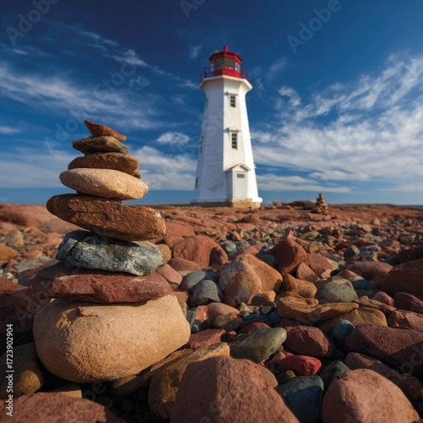 Obraz Lighthouse and rock stacks on a beach