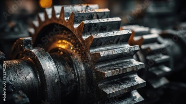 Fototapeta Close-up of a large metallic gear with intricate teeth and a weathered surface, showcasing industrial machinery details and textures in a dimly lit workshop environment