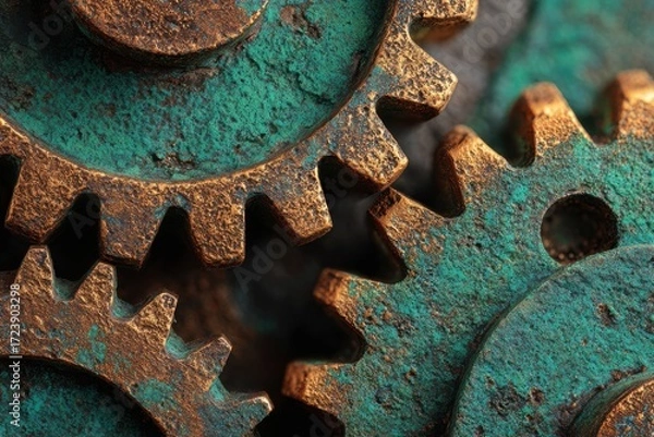 Fototapeta Close-up of rusty gears with intricate textures and vibrant patina, showcasing mechanical engineering details and the beauty of aged metal in a vintage industrial setting