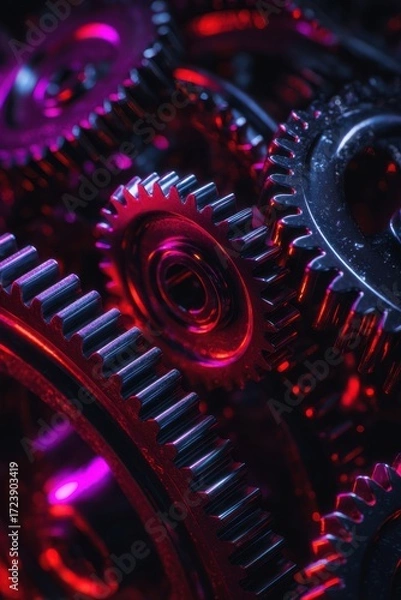 Fototapeta Close-up view of intricate metallic gears interlocked with vibrant purple and red lighting, showcasing the complexity of mechanical engineering and design in motion