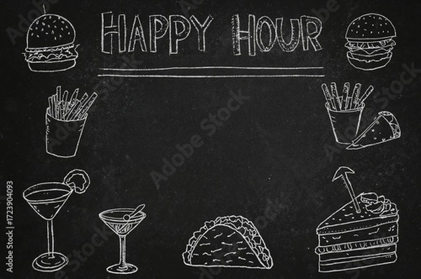 Fototapeta Chalk menu illustrating happy hour with food and drinks on blackboard, with copy space