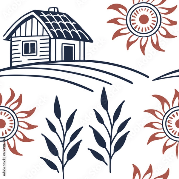 Fototapeta Vector illustration of a village hut and paddy field inspired mandala pattern vector