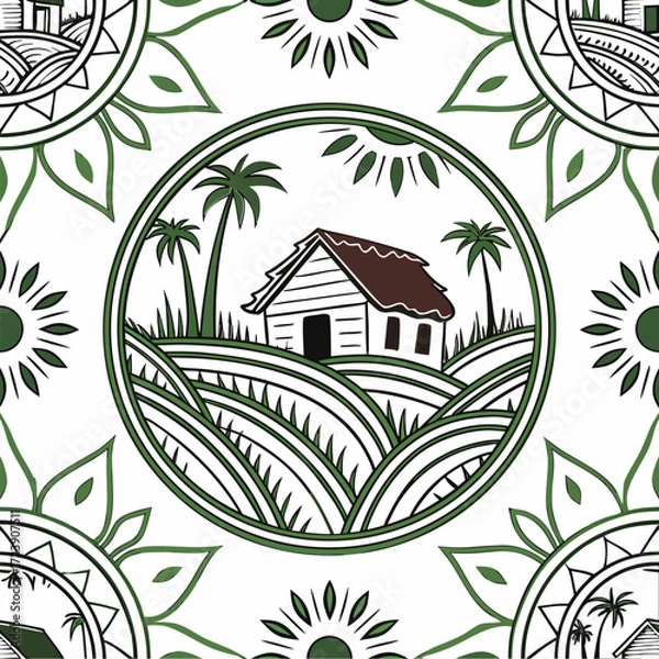 Fototapeta Serene village hut paddy field mandala vector illustration for decorative designs vector
