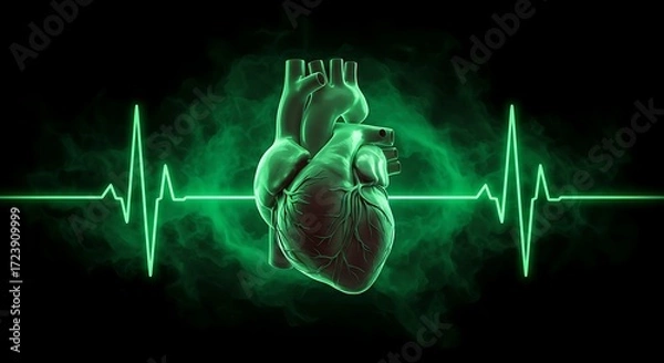Fototapeta Dynamic heart pulse graphic with medical ECG line and green smoke