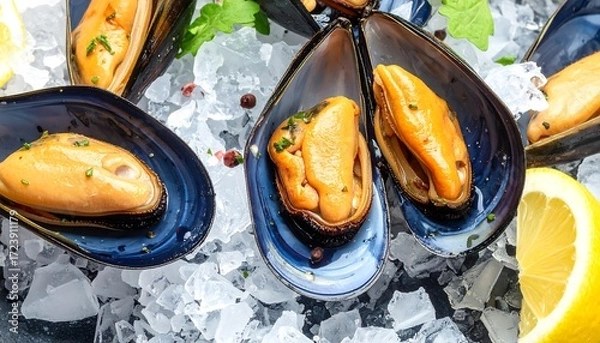 Obraz Cooked mussels on ice