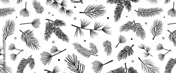 Fototapeta Christmas pine tree, branch seamless pattern, winter fir silhouette background. Needle spruce, cedar sketch repeat bg. Black line plant print. Abstract retro evergreen sprig Forest vector illustration