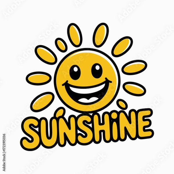 Fototapeta Smiling Cartoon Sun Vector Illustration with “SUNSHINE” Text | Cheerful Yellow Sun Drawing for Stock Graphics | Stylized Sun Icon Artwork