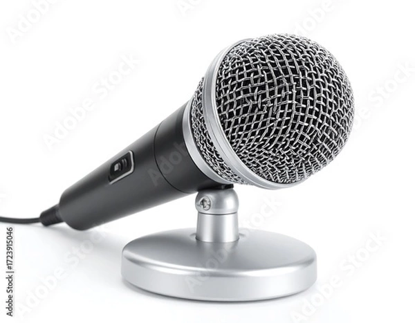 Obraz Black microphone with silver stand on a white background