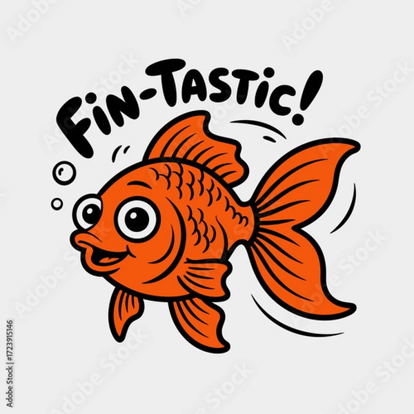 Fototapeta Cartoon Goldfish Vector Illustration with “Fin-Tastic!” Text | Cute Swimming Goldfish Drawing for Stock Graphics | Playful Goldfish Artwork for Kids and Design Projects