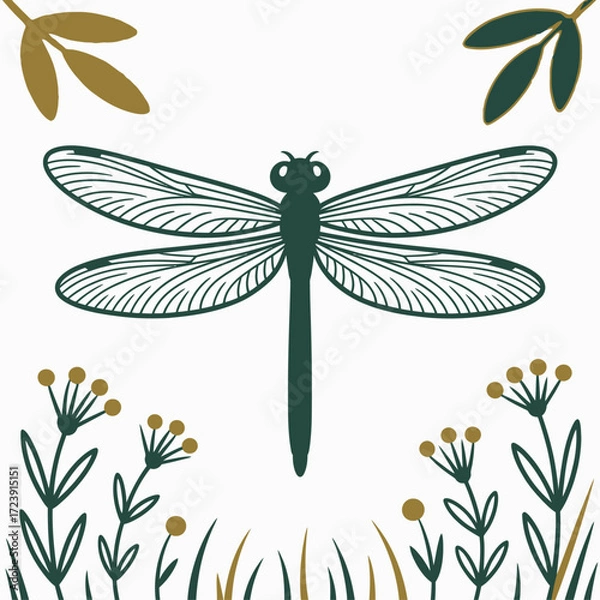 Fototapeta Stylized Dragonfly Vector Illustration with Plants and Leaves | Whimsical Symmetrical Dragonfly Drawing | Decorative Dragonfly Artwork for Stock Graphics