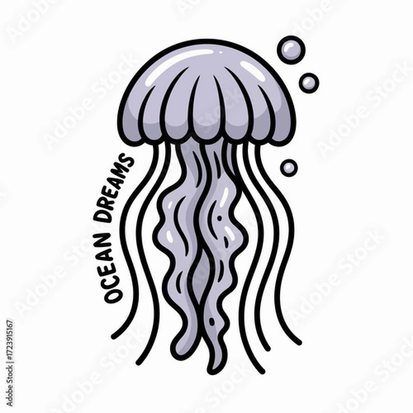 Fototapeta Gray Cartoon Jellyfish Vector Illustration with Bubbles | Stylized Ocean Icon Drawing with “OCEAN DREAMS” Text | Cute Jellyfish Artwork for Stock Graphics
