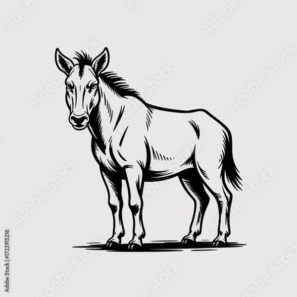 Fototapeta Black and White Vector Illustration of Donkey Facing Forward | Stylized Donkey Drawing with Neutral Expression | Donkey Artwork for Stock Graphics