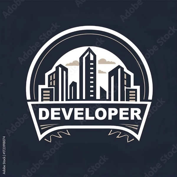 Fototapeta Modern real estate developer logo, abstract city skyline with tall skyscrapers, minimalist clean design, urban construction branding, professional and elegant vector emblem