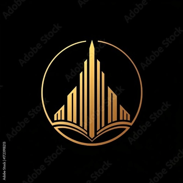 Fototapeta Elite developer logo, abstract golden tower with clean geometric lines, premium construction emblem, prestigious and strong vector design