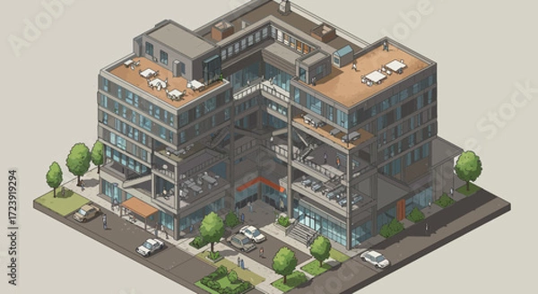 Fototapeta Isometric view of a modern office building with cars and trees around it.