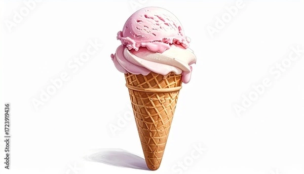 Fototapeta A classic summer delight featuring a perfect scoop of pink strawberry flavored ice cream in a golden brown waffle cone, isolated on a clean white backdrop