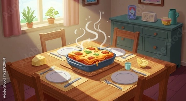 Fototapeta Baked dish on table with sunlight