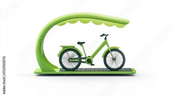 Fototapeta A modern green bicycle parked under a stylish shelter, promoting eco-friendly transportation solutions.
