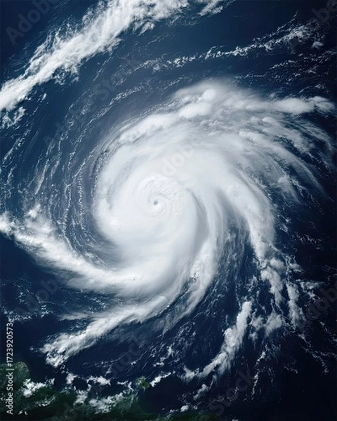 Fototapeta Powerful Hurricane Forming Over the Ocean With Distinct Spiral Pattern and White Clouds