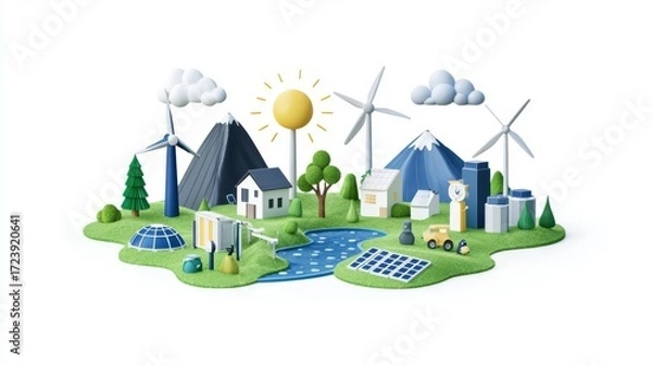 Fototapeta A vibrant 3D illustration showing renewable energy sources, nature, and sustainable living in a harmonious landscape.