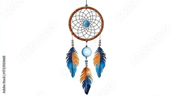 Fototapeta A beautifully designed dreamcatcher with vibrant feathers hanging elegantly, symbolizing protection and positivity.