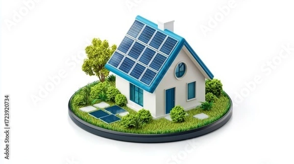 Fototapeta A miniature model of an eco-friendly house featuring solar panels and lush greenery, showcasing sustainable living.