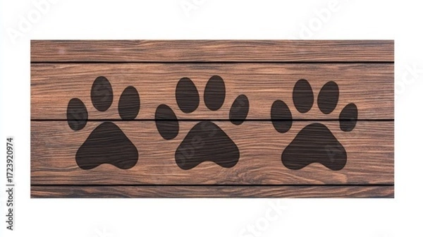 Fototapeta Wooden surface with paw prints, symbolizing pets and animal footprints in a cozy environment.