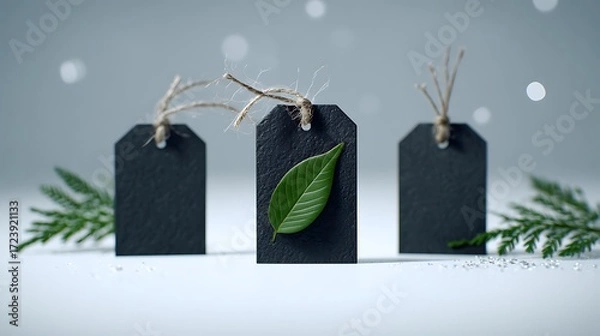 Fototapeta Three black tags with twine ties and a green leaf on the middle tag on a white surface