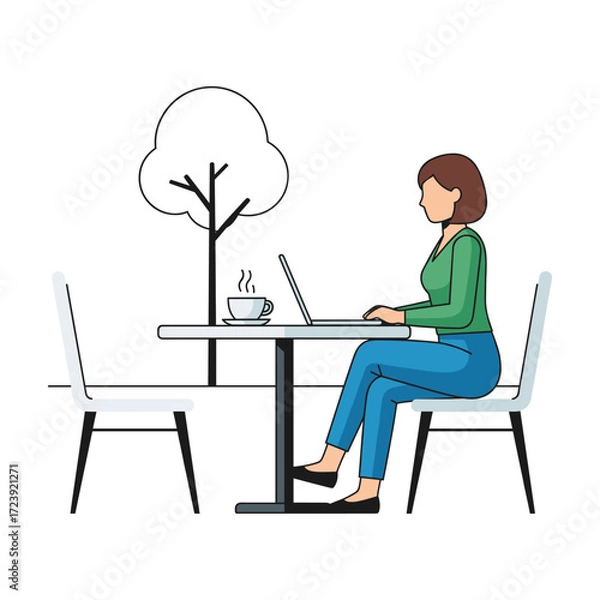 Fototapeta High-Quality Flat Vector: Woman Working on Laptop in Cafe