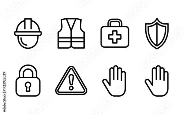 Fototapeta Set of Vector Icons Representing Safety and Security in Construction and Workplace Environments Emphasizing Prevention and Protection