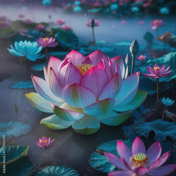 Fototapeta Serene Lotus Flower Blooming in Pond with Soft Lighting and Mist Creating a Peaceful and Dreamlike Atmosphere