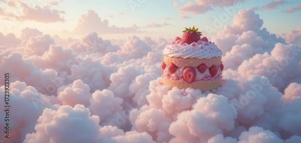 Fototapeta Sweet Dreams  A Whimsical Image of Strawberry Shortcake Floating in the Clouds