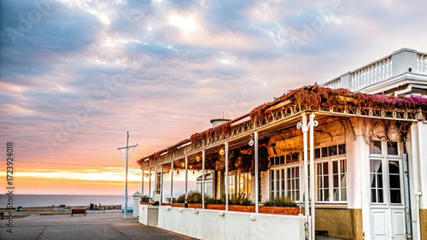 Fototapeta A cozy, romantic cafe on the ocean shore at sunset, illuminated by evening lights. Sea waves, tables, chairs, and lanterns.