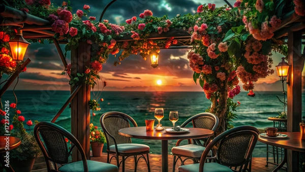 Fototapeta A cozy, romantic cafe on the ocean shore at sunset, illuminated by evening lights. Sea waves, tables, chairs, and lanterns.