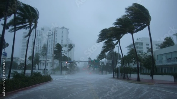 Fototapeta A flooded city street with strong winds bends palm trees during a severe storm, with high-rise buildings in the background under dark, cloudy skies
