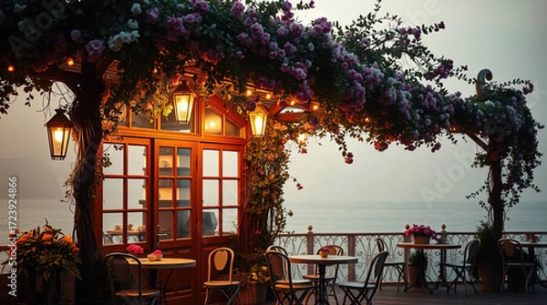 Fototapeta A cozy, romantic cafe on the ocean shore at sunset, illuminated by evening lights. Sea waves, tables, chairs, and lanterns.