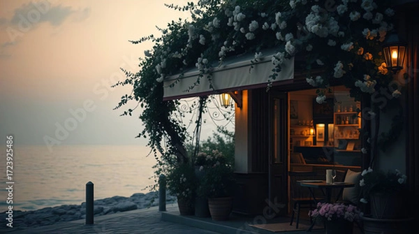 Fototapeta A cozy, romantic cafe on the ocean shore at sunset, illuminated by evening lights. Sea waves, tables, chairs, and lanterns.