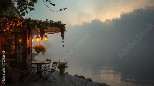 Fototapeta A cozy, romantic cafe on the ocean shore at sunset, illuminated by evening lights. Sea waves, tables, chairs, and lanterns.