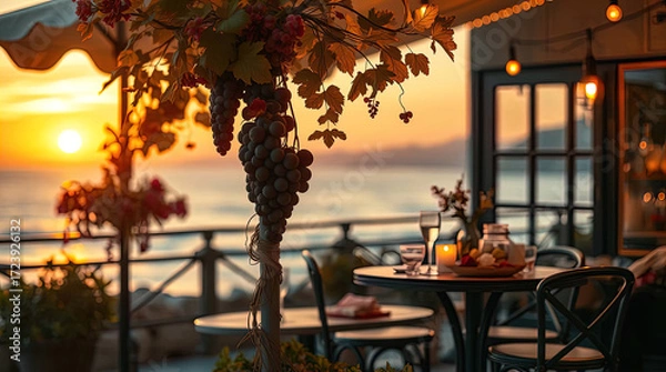 Fototapeta A cozy, romantic cafe on the ocean shore at sunset, illuminated by evening lights. Sea waves, tables, chairs, and lanterns.