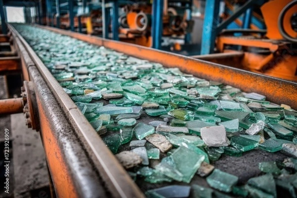 Fototapeta Broken glass pieces move along an industrial conveyor belt in a recycling facility, ready for processing and reuse