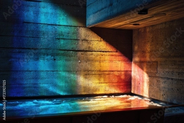 Fototapeta Colorful light filters through a window, casting a vibrant rainbow on a textured concrete wall above a reflective water feature