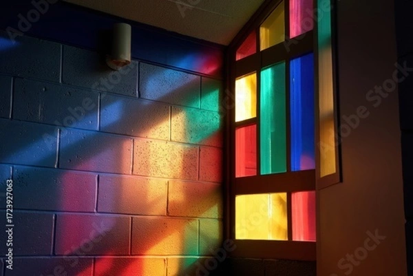 Fototapeta Colorful light from a stained glass window casts vibrant patterns across a textured blue brick wall in a quiet interior space