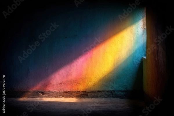 Fototapeta A vibrant beam of rainbow light enters a dark room through a window, casting colorful patterns on the wall and floor