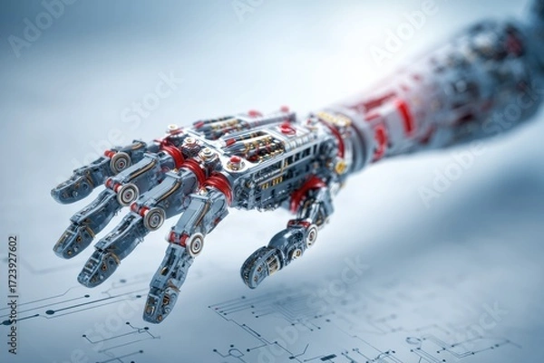 Fototapeta A highly detailed robotic hand with visible mechanical components is extended over a technical blueprint background