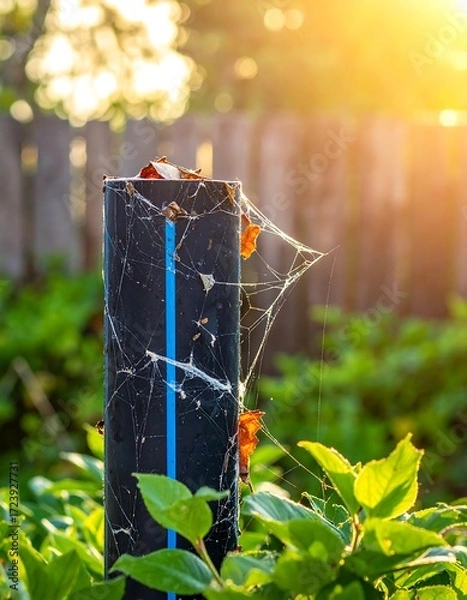 Obraz Black pipe in garden at sunset