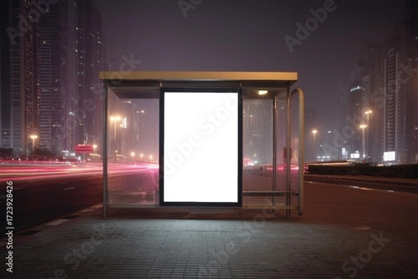 Fototapeta A modern bus stop with a blank billboard at night, surrounded by city lights and tall buildings on a quiet urban street